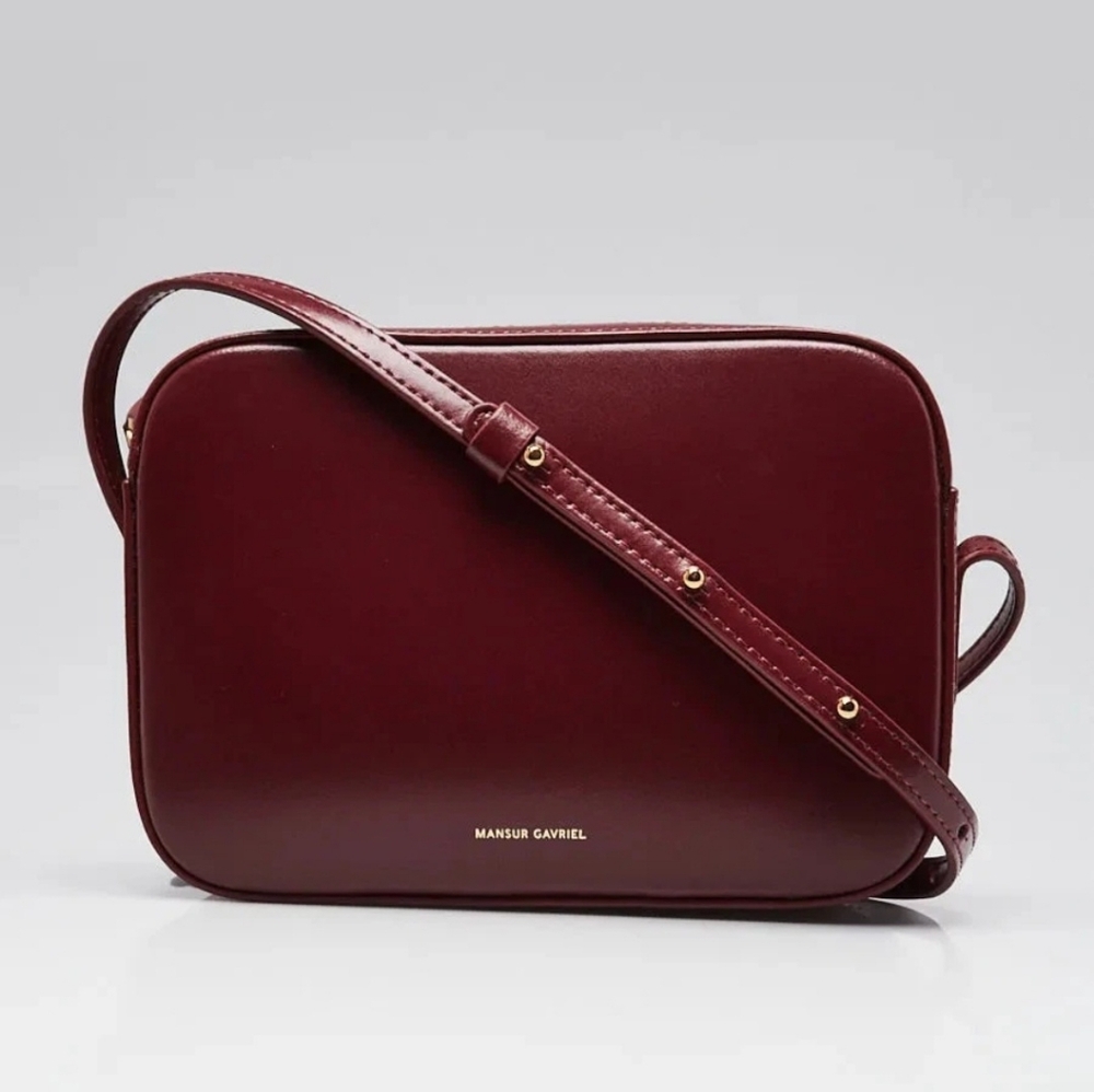 Mansur Gavriel Dark Red Smooth Leather Mini Camera Crossbody Bag Purse REPAIRED